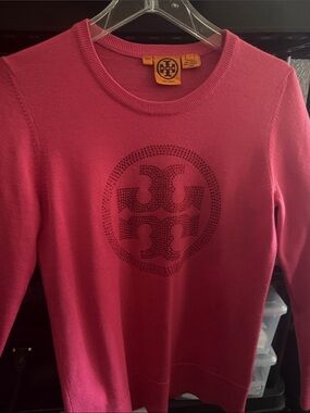 Tory Burch Fuchsia Crewneck Sweater with Studded Logo